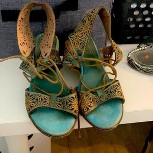 Wedge turquoise and tan lace up Sandals with ankle cuff